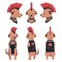 Punk dog character design in detailed flat style featuring multiple angles illustration vector