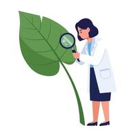 Scientist examining large green leaf in flat illustration style vector