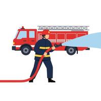 Firefighter using hose in action with fire truck detailed illustration vector
