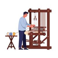 Weaver operating a traditional loom in flat design illustration vector