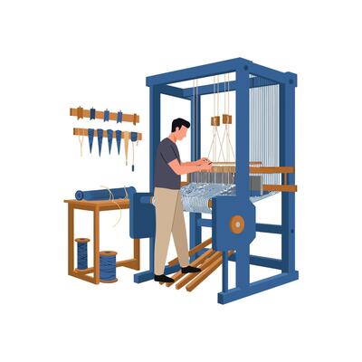 Weaver operating traditional loom in detailed flat art illustration