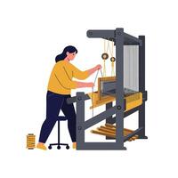 Woman operating a weaving loom in a flat illustration style of textile crafting and art vector