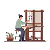 Weaver working at loom with tools in minimal flat illustration vector