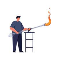 Glassblower shaping molten glass using torch in flat illustration vector