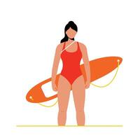 Lifeguard in red swimsuit standing confidently with surfboard in flat illustration vector