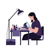 Artist creating a detailed design illustration using tools in flat art vector