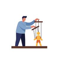 Person controlling puppet with strings in flat minimal art vector