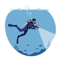 Scuba diver exploring underwater world with flashlight in flat art vector