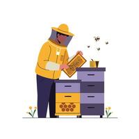 Beekeeper inspecting honeycomb frames in flat illustration style vector