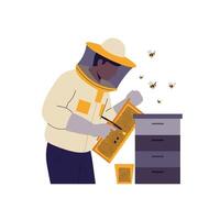 Beekeeper working with bees in flat minimal illustration style art vector