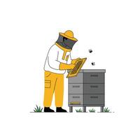Beekeeper inspecting hive with bees in flat illustration style vector
