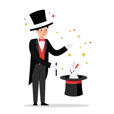 Magician performing magic trick with rabbit and hat in a flat illustration