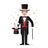 Magician performing tricks with a rabbit in a black hat, flat art vector