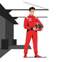 Racing driver in red suit holding helmet in flat art vector