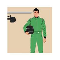 Racing driver in green jumpsuit holding helmet in minimal illustration vector