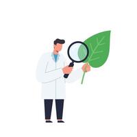 Scientist examining large green leaf using magnifying glass in flat art vector