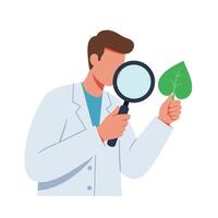 Scientist examining a leaf with a magnifying glass in flat art style vector