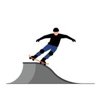 Skateboarder performing tricks on a half pipe in minimal flat art vector