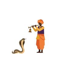 Snake charmer playing flute with cobra in flat illustration vector