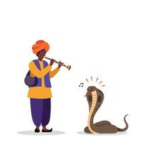 Musician playing flute while charming snake in flat art style vector
