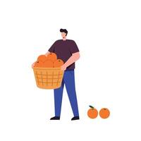 Man carrying a basket of oranges in a minimal flat illustration vector