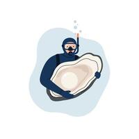 Snorkeler holding a large oyster in a flat art style vector