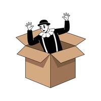 Clown emerging from cardboard box in flat minimalist art vector