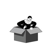 Person emerging from a box in flat black and white illustration vector
