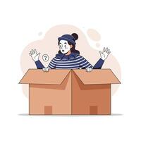 Surprised mime character emerging from a box in flat art style illustration vector