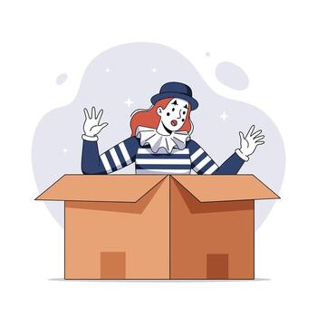 Clown emerging from a cardboard box in a flat, colorful style art vector