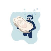 Diver holding a large oyster in a minimal flat design illustration vector