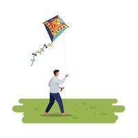 Person flying a colorful kite in a minimal flat design illustration vector