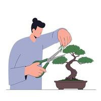 Person trimming bonsai tree with scissors in flat art style vector
