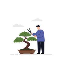 Man trimming bonsai tree in flat design style art vector