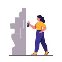 Woman using spray paint on a wall in a minimal flat illustration vector