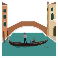 Gondolier navigating through narrow canal in flat art style sda vector