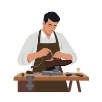 Shoe cobbler at work in detailed flat art showcasing craftsmanship and tools vector