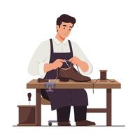 Shoe cobbler working diligently at a wooden table in flat art vector
