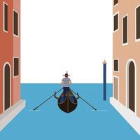 Gondolier navigating through narrow canal in flat art style vector