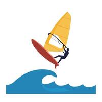 Windsurfing athlete performing a jump over ocean waves in flat art vector