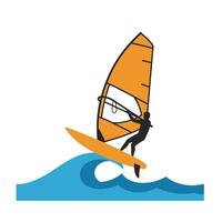Windsurfer performing a dynamic jump on waves in flat art vector