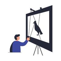 Person manipulating puppet bird in a detailed flat design art vector
