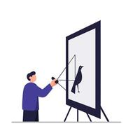 Artist creating a bird illustration on canvas in minimal art vector