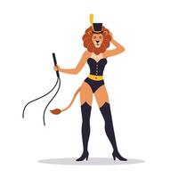 Lion character in stylish costume with whip in flat art vector