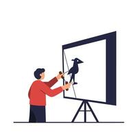 Artist creating a silhouette of a bird in flat art style illustration vector