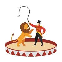 Lion and trainer performing tricks in colorful flat illustration vector