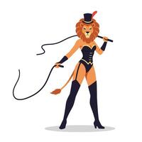 Lion character dressed in stylish outfit with whip in flat illustration vector