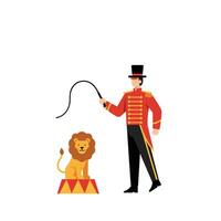 Lion trainer in circus outfit performing with lion in flat art vector