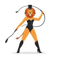 Lion character in stylish outfit performing with whip in flat art vector