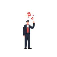 Magician performing tricks with cards in flat minimal art vector